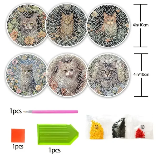 6pcs Cat DIY Diamond Art Coaster Set (CDD1) - Image 2